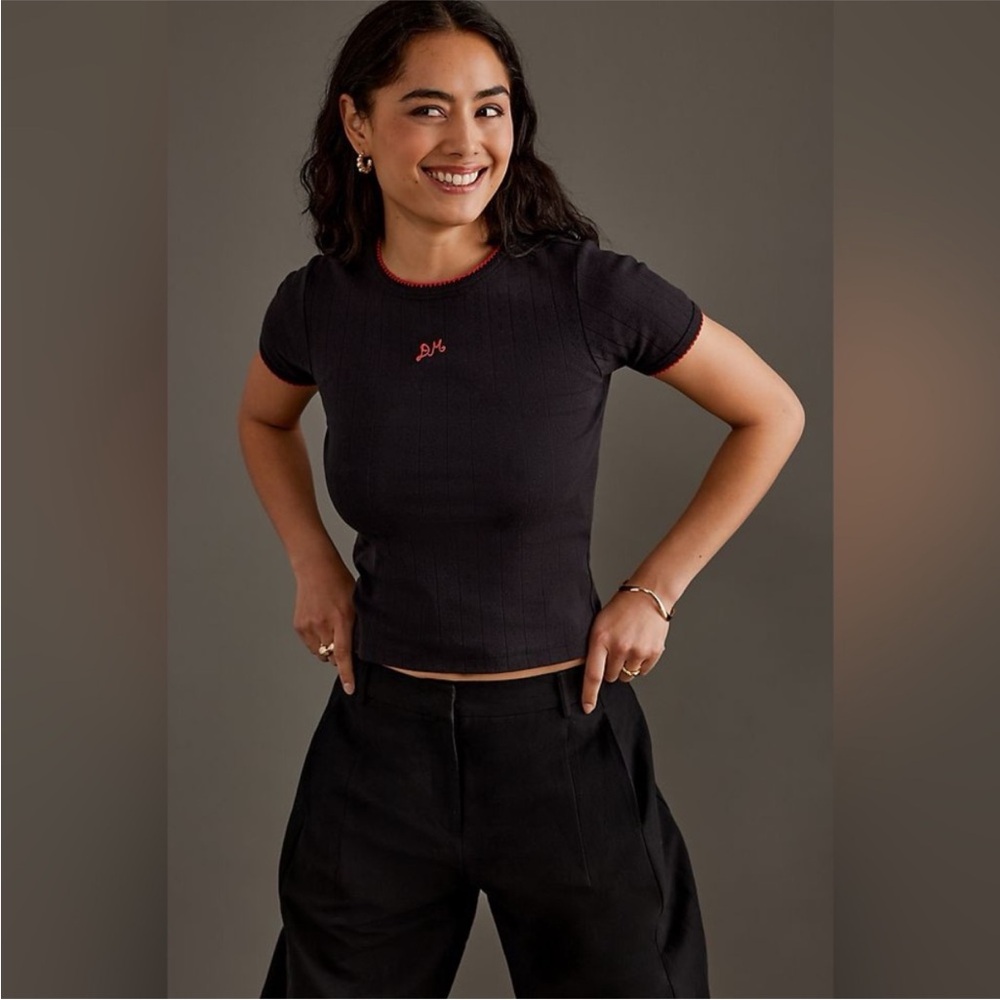 Damson Maddee Black Baby Tee with Red Trim